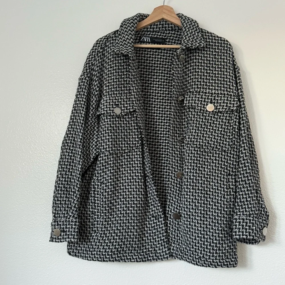 Zara Italian fabric Textured tweed Blazer White Black oversized size M - Picture 3 of 8